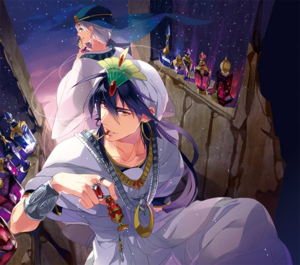 Anime picture 1300x1151 with magi the labyrinth of magic a-1 pictures ja'far (magi) sinbad (magi) roko (artist) long hair short hair holding green eyes yellow eyes sky purple hair white hair looking back grey hair night multiple boys sparkle night sky mouth hold