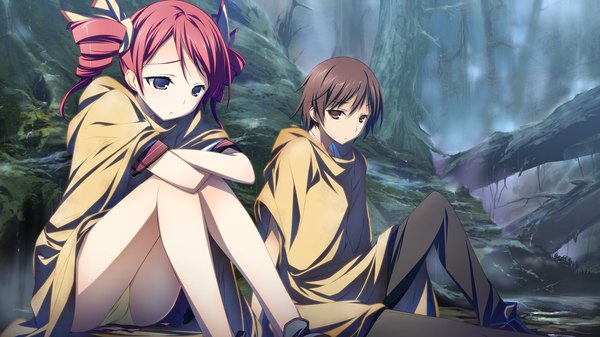 Anime picture 1280x720 with material brave giga auguschnaiter von erika kikuchi seiji short hair light erotic black hair wide image brown eyes game cg red hair couple drill hair pantyshot sitting girl