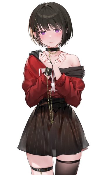 Anime picture 639x1024 with original xretakex single tall image looking at viewer blush fringe short hair black hair simple background standing white background purple eyes long sleeves head tilt off shoulder skindentation girl thighhighs skirt