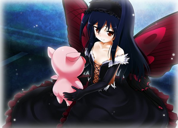 Anime picture 1153x827 with accel world sunrise (studio) kuroyukihime arita haruyuki mocchi long hair light erotic black hair red eyes tears insect wings butterfly wings girl dress gloves animal elbow gloves headdress pig