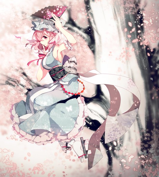 Anime picture 1890x2100 with touhou saigyouji yuyuko dasulchan single tall image highres short hair red eyes pink hair cherry blossoms girl dress petals obi bonnet fan