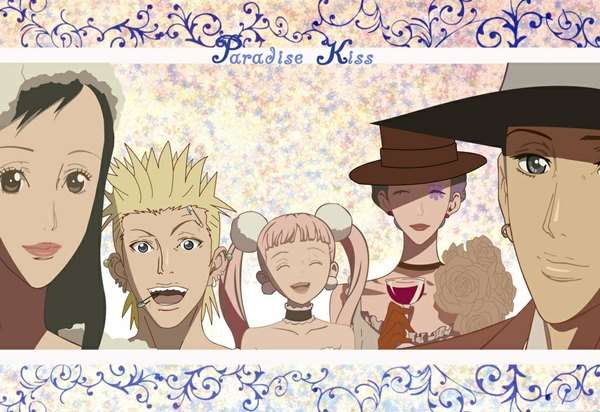 Anime picture 1024x704 with paradise kiss madhouse yukari hayasaka miwako sakurada george koizumi arashi nagase daisuke yamamoto (isabella) long hair short hair open mouth black hair blonde hair twintails brown eyes pink hair eyes closed light smile grey hair inscription grey eyes