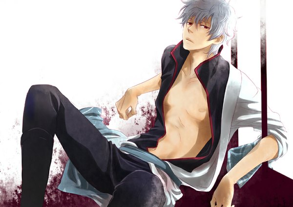 Anime picture 1024x725 with gintama sunrise (studio) sakata gintoki short hair red eyes silver hair japanese clothes open clothes reclining curly hair boy