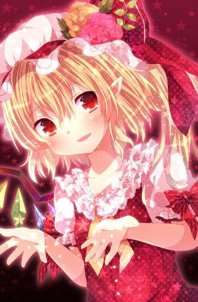 Anime picture 1000x1528 with touhou flandre scarlet abandon ranka tall image blush short hair blonde hair red eyes sparkle girl dress flower (flowers) wings star (symbol) bonnet crystal