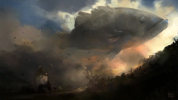 Anime picture 1200x675 with original nacho yague wide image signed sky cloud (clouds) outdoors wind flying landscape destruction giant animal plant (plants) tree (trees) fish (fishes) windmill