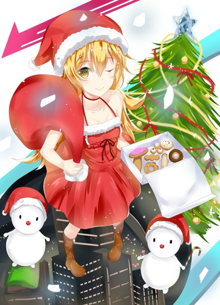 Anime picture 925x1280 with bakemonogatari shaft (studio) monogatari (series) oshino shinobu seedkeng long hair tall image blonde hair smile yellow eyes one eye closed wink fur trim christmas girl dress hat food boots fur