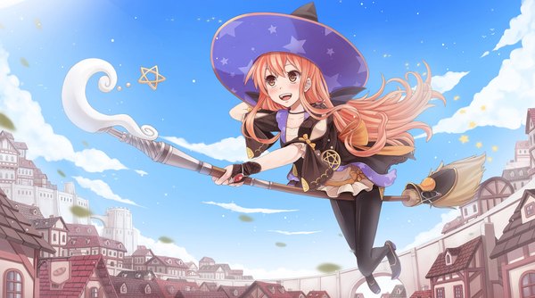 Anime picture 1900x1060 with atelier (series) atelier escha & logy gust (company) wilbell voll=erslied sunimu single long hair blush highres open mouth blonde hair wide image brown eyes sky cloud (clouds) flying witch star print girl hat