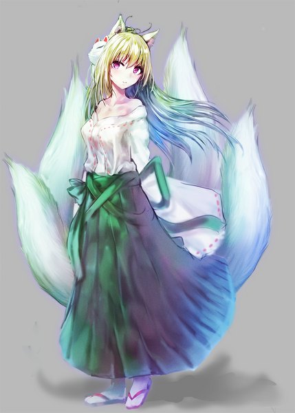 Anime picture 715x1000 with original iori (cpeilad) haori iori single long hair tall image blush fringe open mouth simple background blonde hair purple eyes bare shoulders animal ears tail traditional clothes head tilt shadow fox ears demon girl
