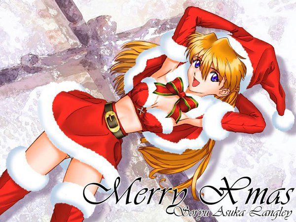 Anime picture 1024x768 with neon genesis evangelion gainax soryu asuka langley tony taka christmas girl