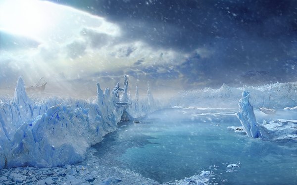 Anime picture 1440x900 with original 19-10 (artist) wide image wallpaper snowing winter snow landscape science fiction water ice iceberg