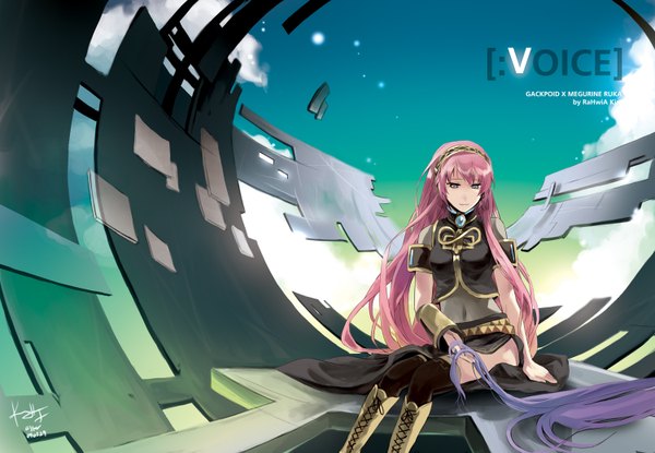 Anime picture 1500x1038 with vocaloid megurine luka kamui gakupo rahwia long hair sitting pink hair purple hair light smile inscription girl thighhighs thigh boots