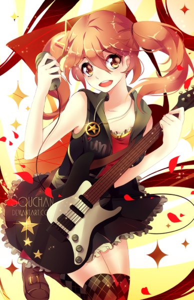 Anime picture 809x1250 with original squchan single long hair tall image blush open mouth smile twintails orange hair orange eyes girl thighhighs dress frills pendant microphone wire (wires) guitar