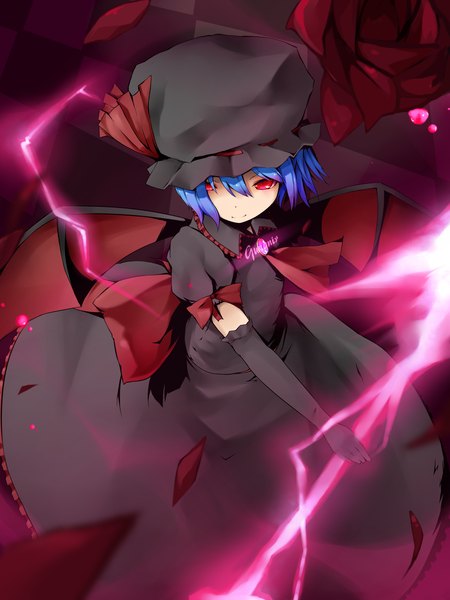Anime picture 1450x1933 with touhou remilia scarlet en@rain single tall image short hair red eyes blue hair girl dress gloves wings elbow gloves black dress bonnet