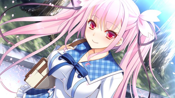 Anime picture 1280x720 with sakura synchronicity kamishiro rise single long hair blush fringe breasts smile red eyes wide image large breasts twintails pink hair game cg light smile girl uniform ribbon (ribbons) hair ribbon school uniform