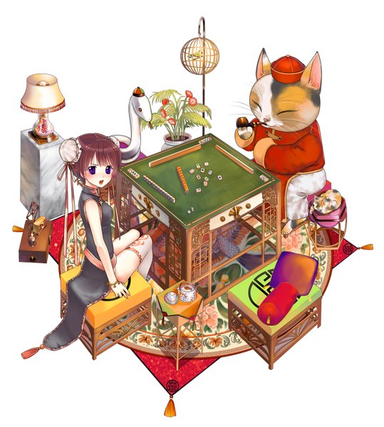 Anime picture 1500x1669 with original yuuki rika tall image blush brown hair purple eyes hair bun (hair buns) chinese clothes thighhighs plant (plants) cat single thighhigh cup chinese dress lamp snake cage pipe bun cover