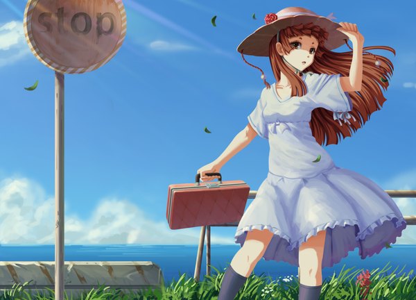 Anime picture 2000x1440 with original chongwuxin single long hair highres red eyes brown hair cloud (clouds) girl plant (plants) hat socks black socks grass sundress traffic sign