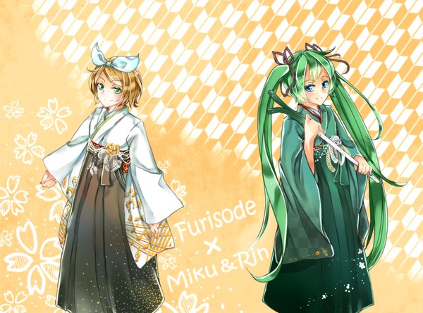 Anime picture 1350x1000 with vocaloid hatsune miku kagamine rin long hair short hair blue eyes blonde hair twintails multiple girls green eyes traditional clothes japanese clothes green hair girl bow ribbon (ribbons) 2 girls hair bow hakama leek