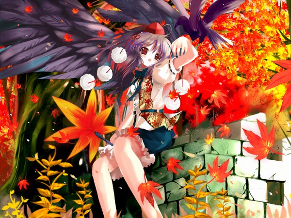Anime picture 1280x960 with touhou shameimaru aya shino (eefy) autumn girl fan hauchiwa