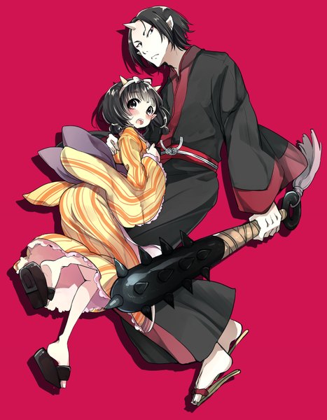Anime picture 963x1237 with hoozuki no reitetsu wit studio hoozuki (hoozuki no reitetsu) peach maki kanro ame (ameko) tall image blush fringe short hair open mouth black hair simple background twintails brown eyes full body bent knee (knees) traditional clothes japanese clothes horn (horns) pointy ears