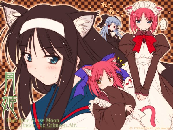 Anime picture 1280x960 with shingetsutan tsukihime type-moon toono akiha kohaku (tsukihime) hisui (tsukihime) len (tsukihime) animal ears pointy ears cat ears maid cat girl wallpaper girl uniform school uniform