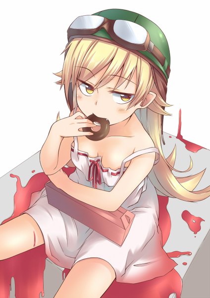 Anime picture 1040x1470 with bakemonogatari shaft (studio) monogatari (series) oshino shinobu spirytus tarou single long hair tall image blush blonde hair white background yellow eyes loli girl dress food sundress helmet doughnut