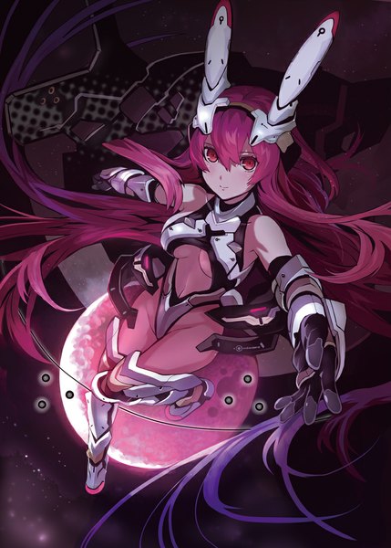 Anime picture 777x1087 with original damin (won) single tall image looking at viewer blush pink hair very long hair pink eyes from above light smile flying mecha musume girl moon star (stars) full moon