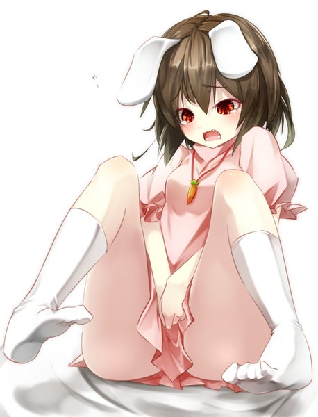 Anime picture 1145x1500 with touhou inaba tewi gorilla (bun0615) single tall image blush short hair open mouth light erotic simple background red eyes brown hair white background animal ears bunny ears spread legs no shoes looking down girl dress