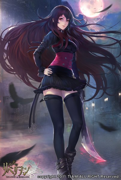 Anime picture 1000x1484 with violation of rebellion (game) rebellion tall image looking at viewer fringe breasts red eyes brown hair large breasts bent knee (knees) outdoors very long hair light smile night night sky glowing mountain flying frilly skirt underbust