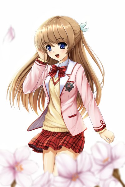 Anime picture 804x1200 with yumemi (kiowa) single long hair tall image looking at viewer blush open mouth blue eyes simple background brown hair white background girl skirt uniform flower (flowers) school uniform petals