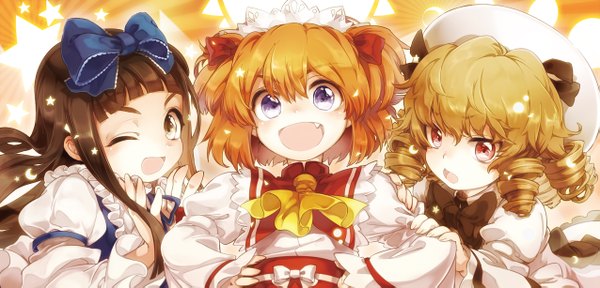 Anime picture 1275x613 with touhou star sapphire luna child sunny milk yukizen long hair looking at viewer blush fringe short hair open mouth blonde hair red eyes brown hair wide image purple eyes multiple girls brown eyes one eye closed wink