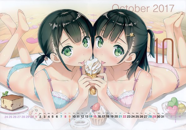 Anime picture 7004x4912 with 5 nenme no houkago akemi (kantoku) himeru (kantoku) kantoku looking at viewer blush highres short hair light erotic black hair twintails multiple girls green eyes absurdres scan official art underwear only short twintails calendar 2017 girl