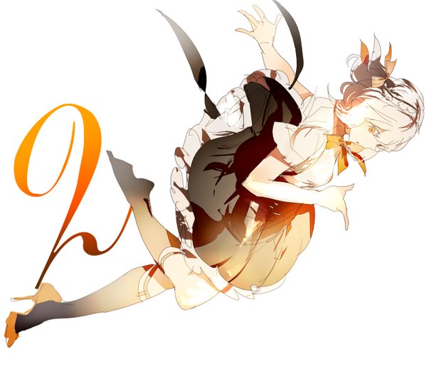 Anime picture 1292x1148 with original manbou no shigai single short hair simple background white background full body bent knee (knees) white hair :o short sleeves orange eyes high heels zettai ryouiki outstretched arm looking down frilly skirt falling scared girl
