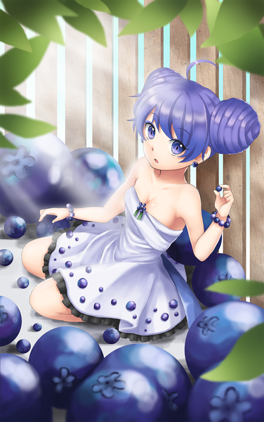 Anime picture 1000x1593 with original kim bae-eo single tall image looking at viewer short hair blue eyes bare shoulders blue hair ahoge girl dress food berry (berries)