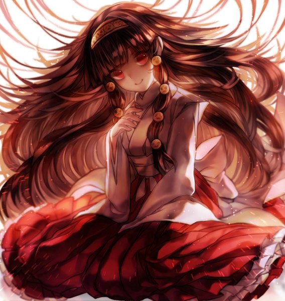Anime picture 1212x1280 with hunter x hunter alluka zoldyck yasiromann single long hair tall image looking at viewer fringe smile red eyes brown hair sitting traditional clothes wide sleeves miko glow girl hair ornament frills hairband