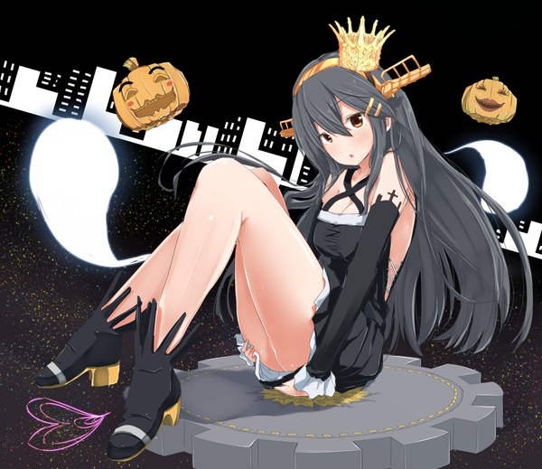 Anime picture 4095x3548 with kantai collection haruna battleship ame-rain single long hair looking at viewer blush fringe highres breasts light erotic black hair hair between eyes sitting brown eyes absurdres full body bent knee (knees) parted lips head tilt