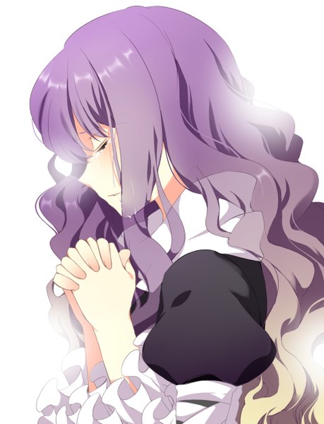 Anime picture 1000x1307 with touhou hijiri byakuren roh nam kyung single long hair tall image simple background white background purple hair eyes closed profile tears crying praying girl dress