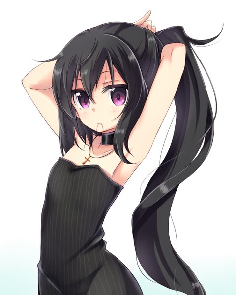 Anime picture 1024x1280 with original note-chan amano kouki single long hair tall image looking at viewer blush breasts black hair hair between eyes white background purple eyes bare shoulders holding ponytail armpit (armpits) alternate costume mouth hold flat chest