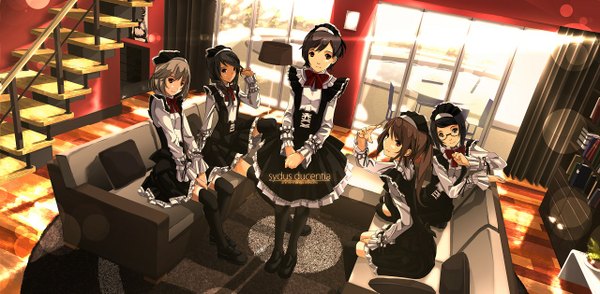 Anime picture 1280x629 with original sydus ducentia long hair short hair black hair red eyes brown hair wide image sitting multiple girls brown eyes girl thighhighs dress black thighhighs bowtie couch 5 girls stairs