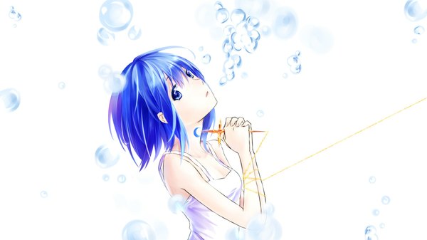 Anime picture 1923x1082 with mahou shoujo madoka magica shaft (studio) miki sayaka single looking at viewer highres short hair blue eyes wide image white background bare shoulders blue hair girl chain cross bubble (bubbles)