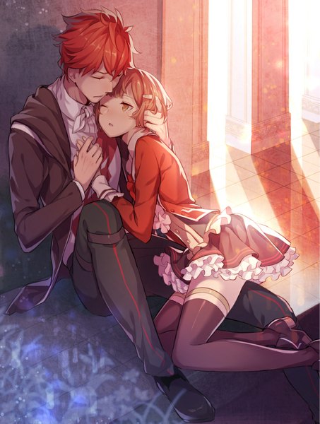Anime picture 762x1008 with dance with devils brains base (studio) tachibana ritsuka tachibana lind pekoo (pekota) tall image short hair brown hair sitting brown eyes yellow eyes bent knee (knees) red hair eyes closed one eye closed sunlight open jacket couple hug holding hands