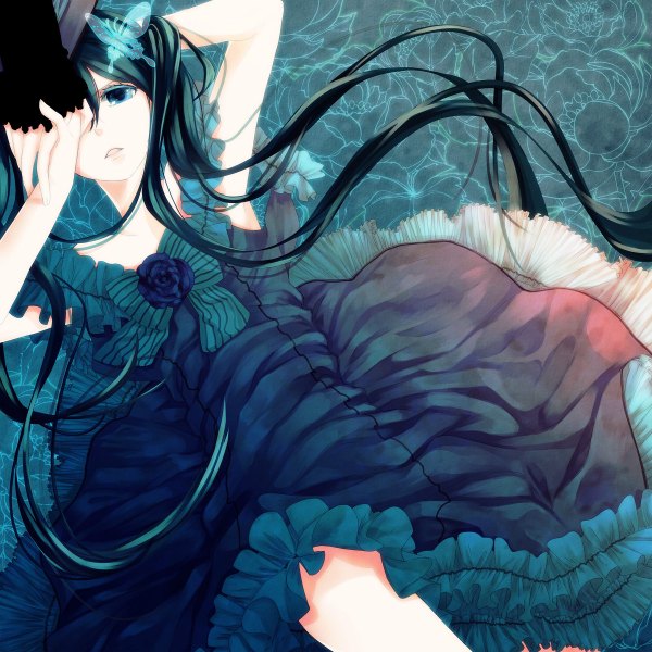 Anime picture 1200x1200 with kuroshitsuji a-1 pictures ciel phantomhive lady phantomhive single fringe open mouth blue eyes twintails very long hair hair over one eye aqua hair reclining otoko no ko dress boy flower (flowers) bow hat water