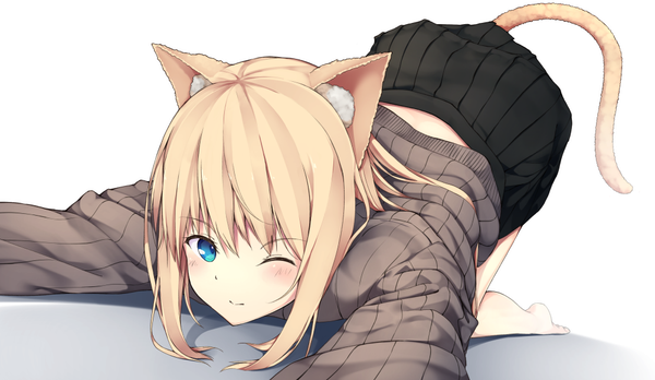 Anime picture 1000x581 with original uf 6018 single long hair blush fringe blue eyes blonde hair simple background hair between eyes wide image white background animal ears payot tail animal tail pleated skirt one eye closed barefoot light smile