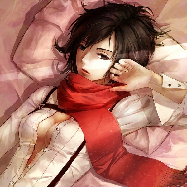 Anime picture 800x800 with shingeki no kyojin production i.g mikasa ackerman wail single looking at viewer fringe short hair breasts light erotic brown eyes indoors lying parted lips from above open clothes no bra on back open shirt eyebrows