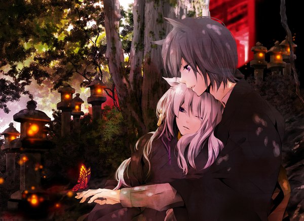 Anime picture 1000x728 with original nagi kanami long hair sitting purple eyes animal ears white hair japanese clothes profile one eye closed grey hair wink couple hug girl boy plant (plants) tree (trees) insect butterfly