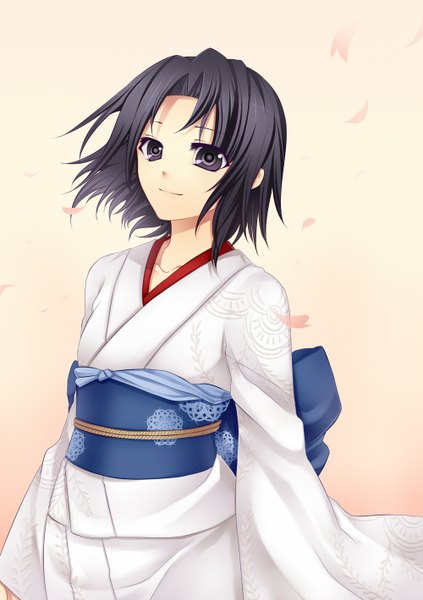 Anime picture 1000x1419 with kara no kyoukai type-moon ryougi shiki konshin single tall image short hair black hair japanese clothes black eyes girl petals kimono obi