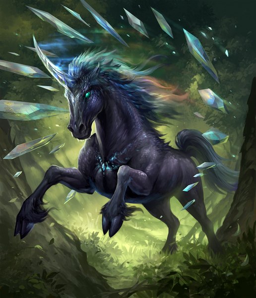 Anime picture 2000x2326 with sandara single tall image highres green eyes no people fantasy plant (plants) animal tree (trees) grass crystal monster horse unicorn