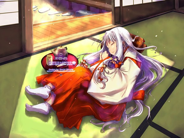 Anime picture 1024x768 with long hair purple hair japanese clothes sleeping miko socks doll (dolls) teapot tea tatami tabi