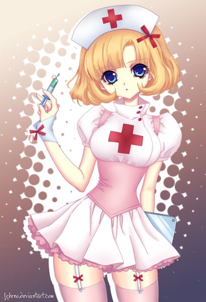 Anime picture 1200x1760 with star driver tagme (character) lchrno single tall image looking at viewer short hair breasts blue eyes blonde hair signed nurse underbust girl thighhighs dress uniform garter straps corset nurse cap