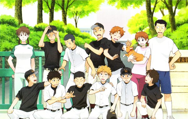 Anime picture 1599x1017 with ookiku furikabutte a-1 pictures mihashi ren takaya abe yoshirou hamada azusa hanai izumi kousuke misae abe motoki haruna shuugo kanou group baseball dog baseball uniform