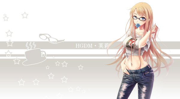 Anime picture 1978x1093 with original wait (artist) single long hair looking at viewer blush highres blue eyes light erotic blonde hair wide image midriff girl navel glasses